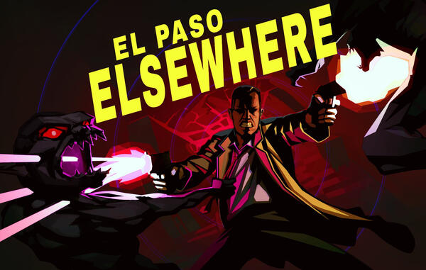 El Paso Elsewhere title screen. A Black man in the middle is fighting off two toothy monsters, guns blazing.